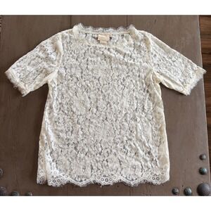 Vanessa Virginia Anthropology Lace Blouse Ivory Short Sleeve Eyelash Trim Small